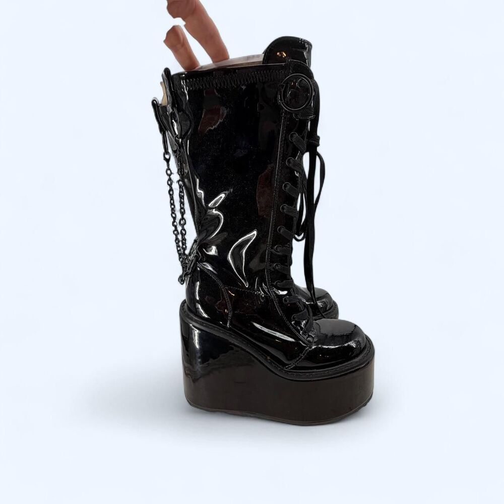 Gothic Black Patent Leather Lace Up Wedge Mid Calf Platform Chain Boots NWOT